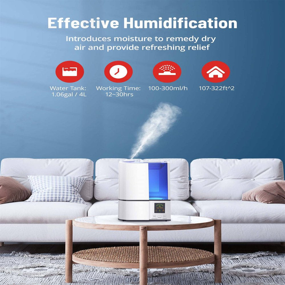 Humidifiers, 4L Cool Mist Ultrasonic Humidifier for Bedroom Home Large Room, LED Display with Humidistat, Waterless Auto Shut-off Blue for Baby, White