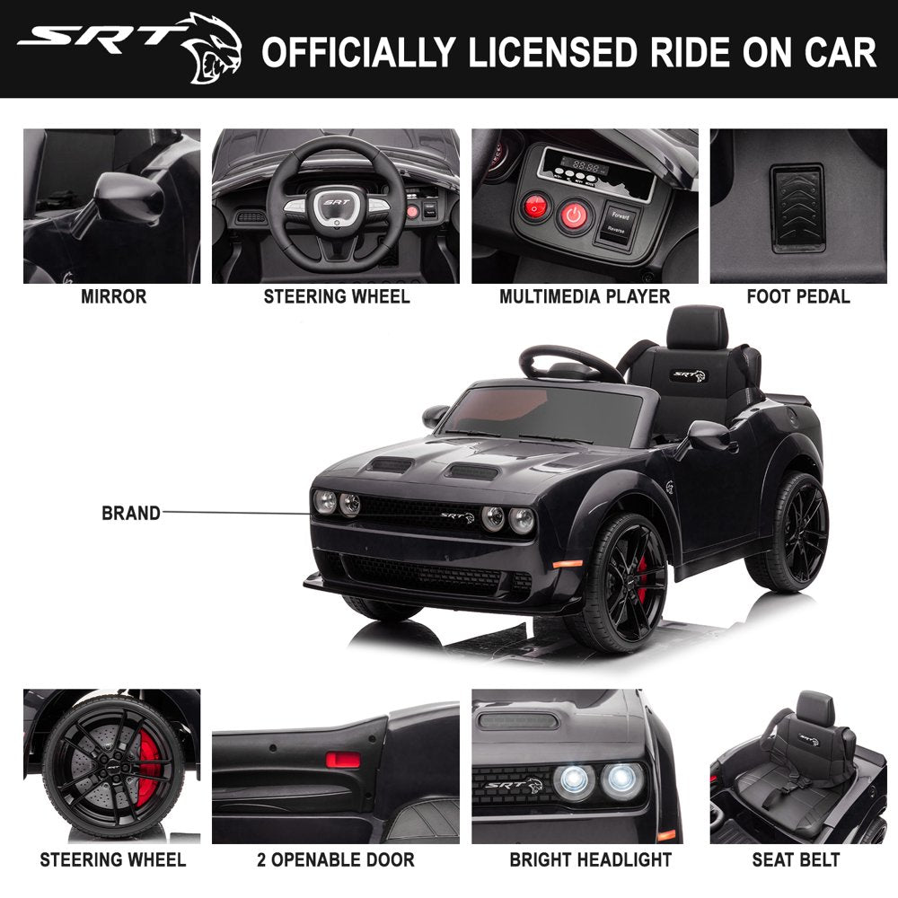 Dodge Challenger 12 V Powered Ride on Car with Remote Control, SRT Hellcat Toys for Kids, Black