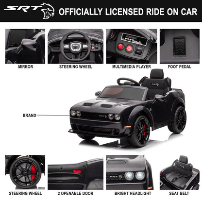 Dodge Challenger 12 V Powered Ride on Car with Remote Control, SRT Hellcat Toys for Kids, Black