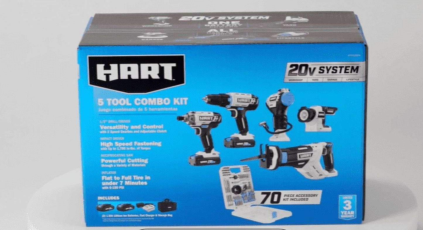 HART 20-Volt 5-Tool Battery-Powered Combo Kit with 70-Piece Accessory Set, (2) 1.5Ah Lithium-Ion Batteries