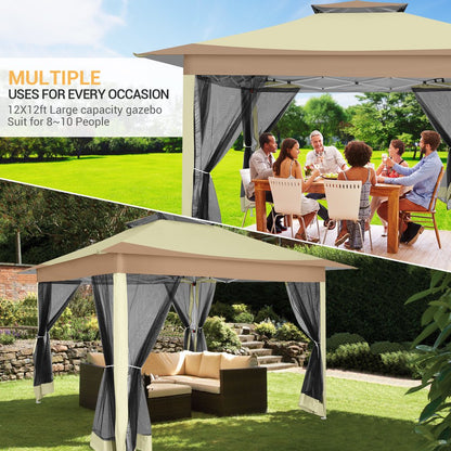 SANOPY 12x12FT Outdoor Gazebo Pop Up Gazebo with Mosquito Netting, Instant Patio Canopy Tent for Shade and Rain, 2 Tiered Vente Gazebo Canopy UPF 50+ for Garden Backyard with Carry Bag&4 Sandbags