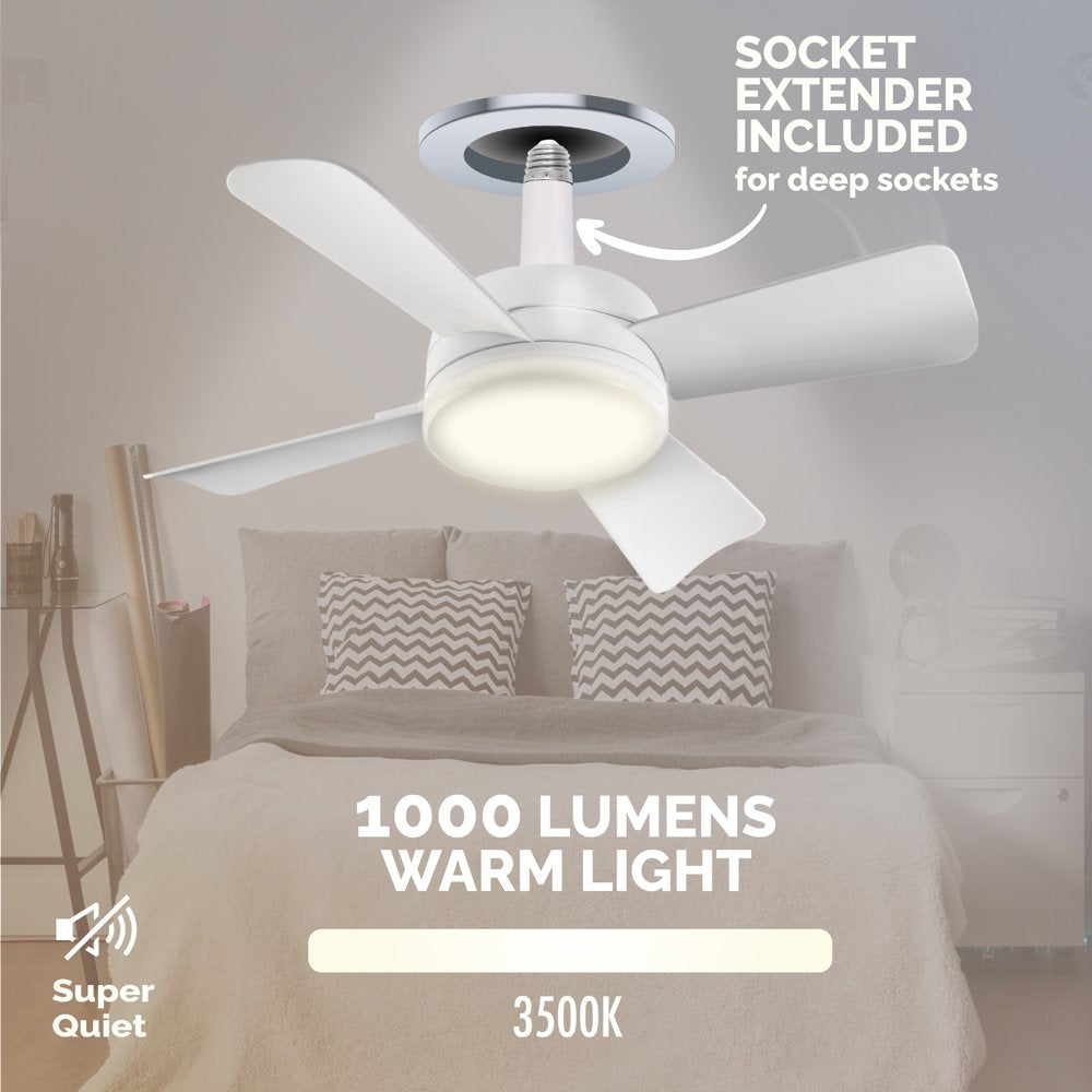 Bell and Howell Socket Ceiling Ceiling Fan with White Finish, Light Adjustable Ceiling Light 1000 Lumens, 4 Blades