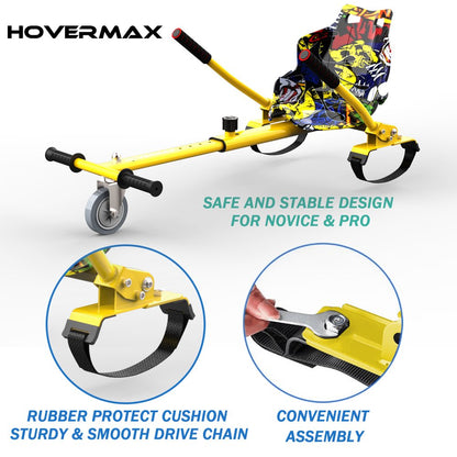 HOVERMAX Hoverboard Go Kart, Hoverboard Seat Attachment with Adjustable Frame Length for 6.5" 8" 10" Hoverboard, Suitable for Kids & Adults, Yellow