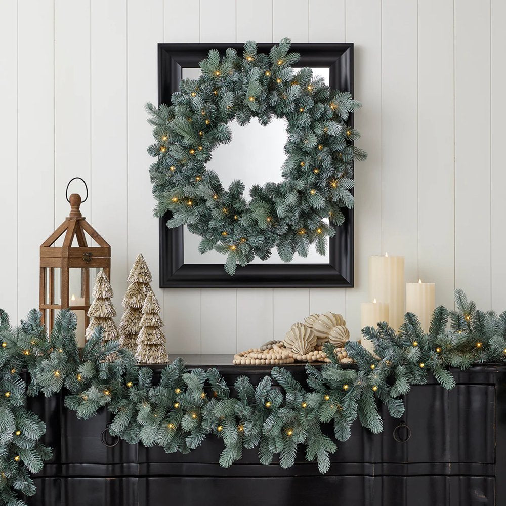 Blue Spruce 24" Wreath Pre-Lit with 50 Warm White LED Christmas Lights and Battery-Operated - by Seasonal LLC