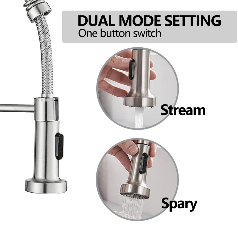 PHANCIR Kitchen Faucet with Pull down Sprayer, Brushed Nickel Commercial Spring Kitchen Sink Faucet Single Handle Pull Out Sink Faucets with Deck Plate Suit to 1 or 3 Holes