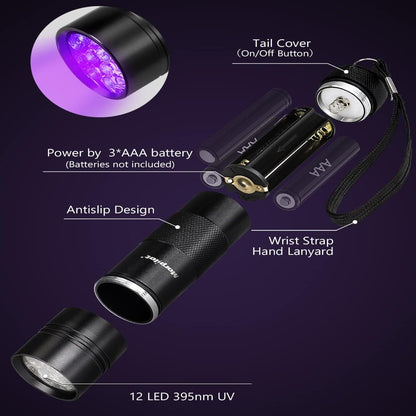 2 Pcs multifunctional UV Flashlight 12Leds Ultraviolet Blacklight Pet Dog Stain & Urine Detector Light Torch Ultra Violet Flashlight