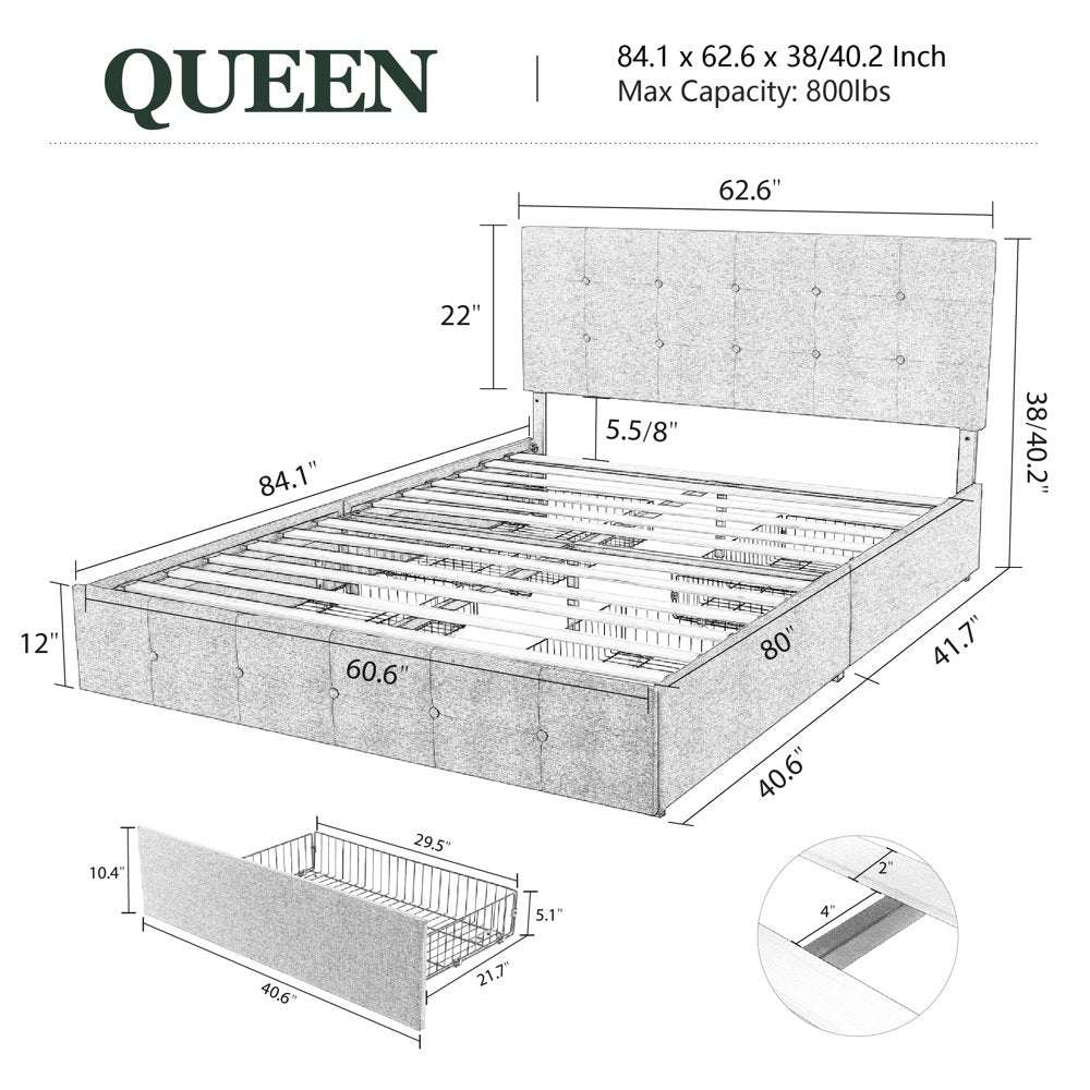 Amolife Queen Size Platform Bed Frame with Headboard and 4 Storage Drawers, Button Tufted Style, Dark Grey, Mattress Not Included