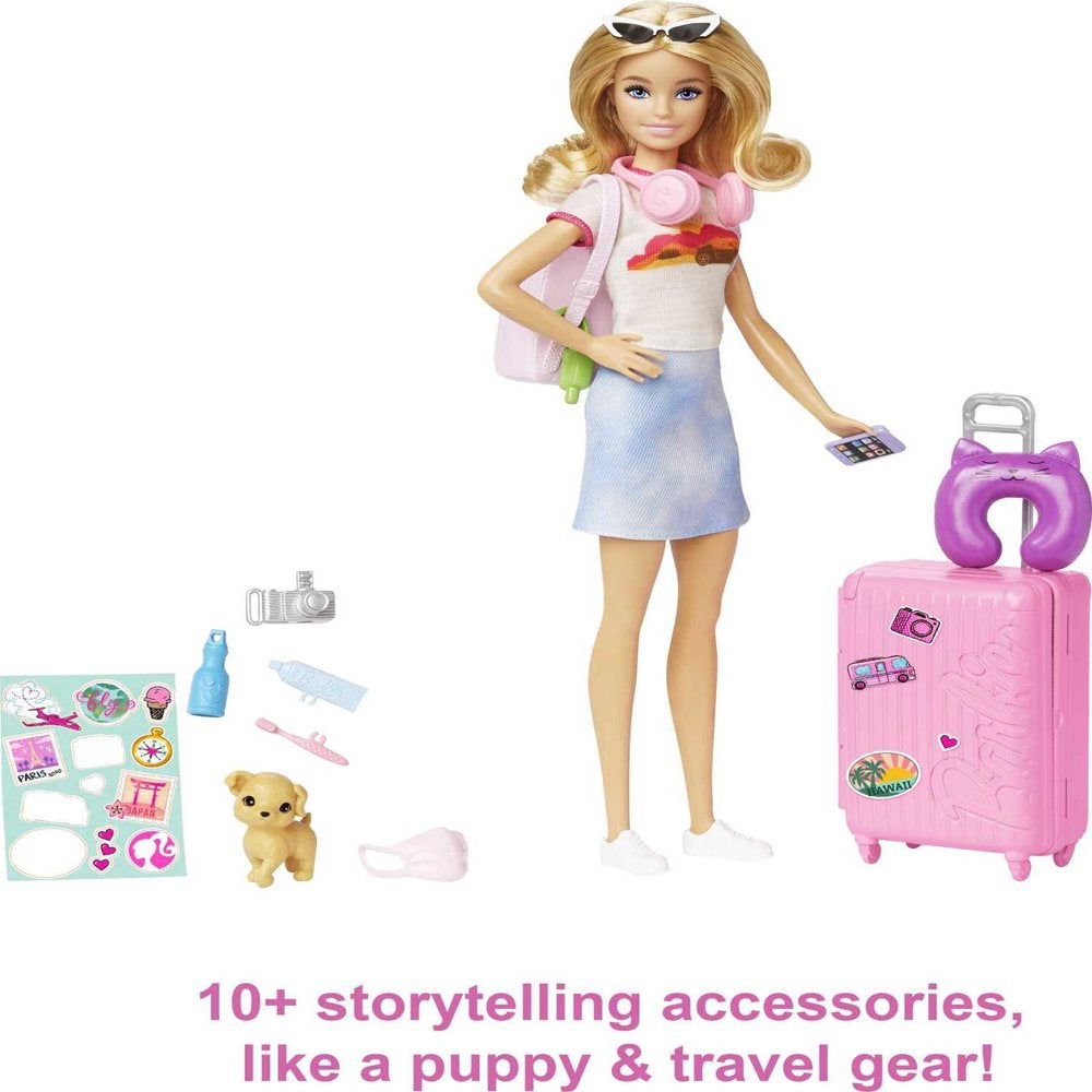 Barbie Malibu Doll & 10+ Accessories, Travel Set with Pink Working Suitcase, Blonde Fashion Doll