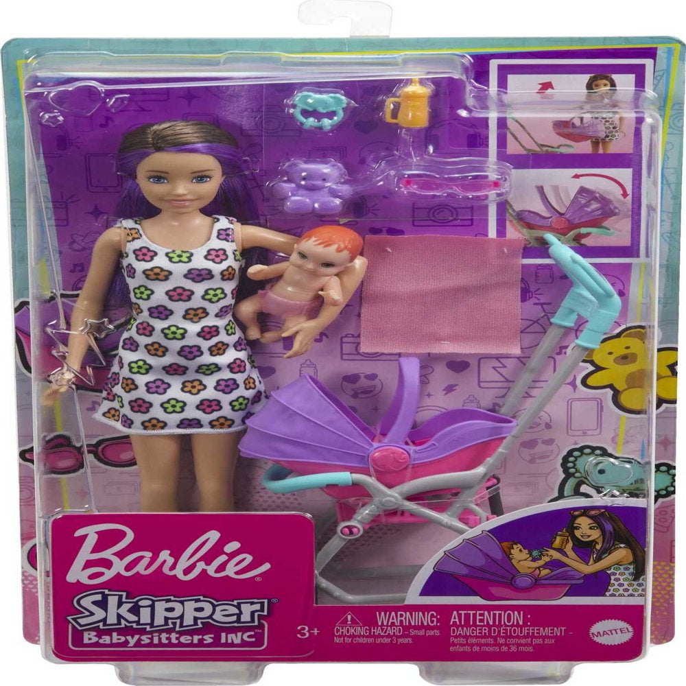 Barbie Skipper Babysitters Inc. Stroller Playset with Skipper & Baby Dolls, Plus 5 Accessories (Assembled Product Height: 12 in)