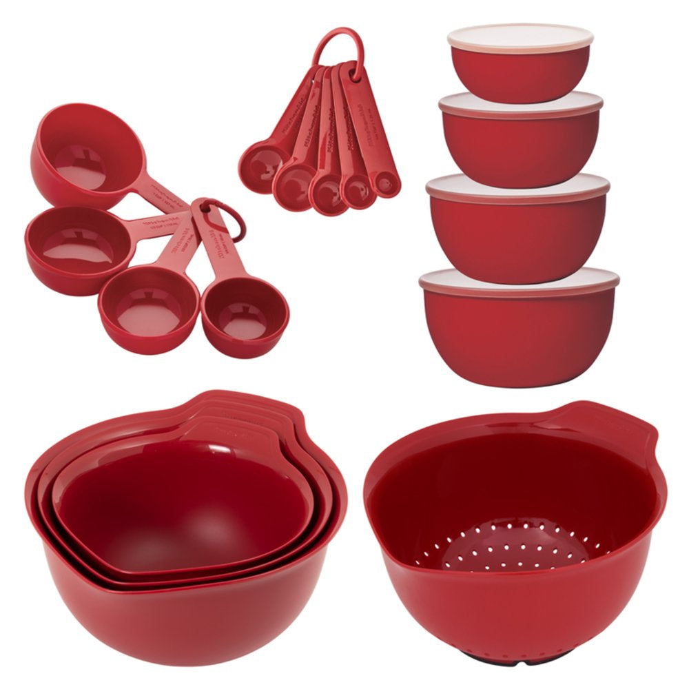 KitchenAid 21PC Plastic with Non-Skid Bottom Mixing Bowl and Measuring Set Red