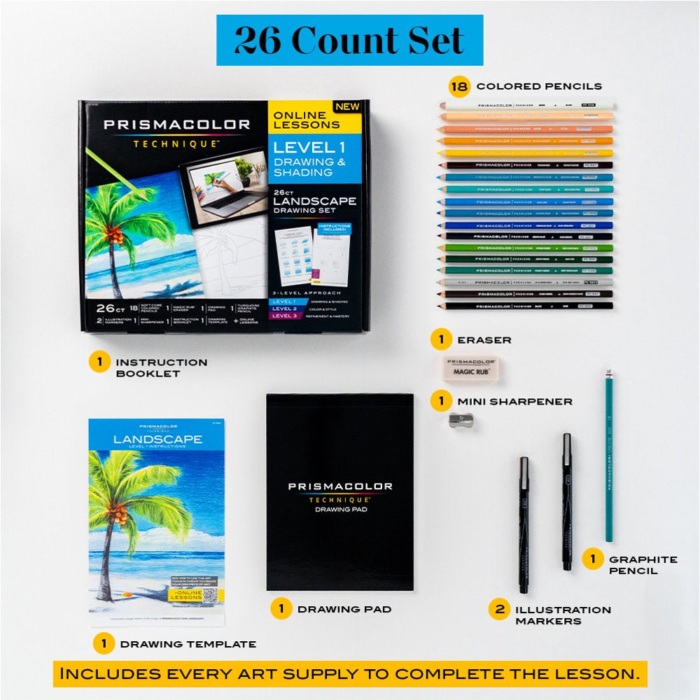  Art Supplies & Digital Art Lessons, Landscape Drawing Set, Level 1, 26 Count, for Students & Teens