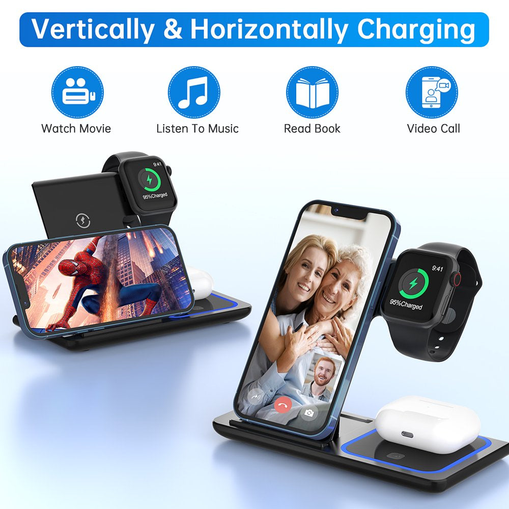 3 in 1 Wireless Charger, 18W Fast Charger Pad Stand Charging Station Dock for Iwatch Series SE 6/5/4/3 Airpods for Iphone 14/13/12 /11/Pro Max/12 Mini /XR Max 8 plus (With QC3.0 Adapter)