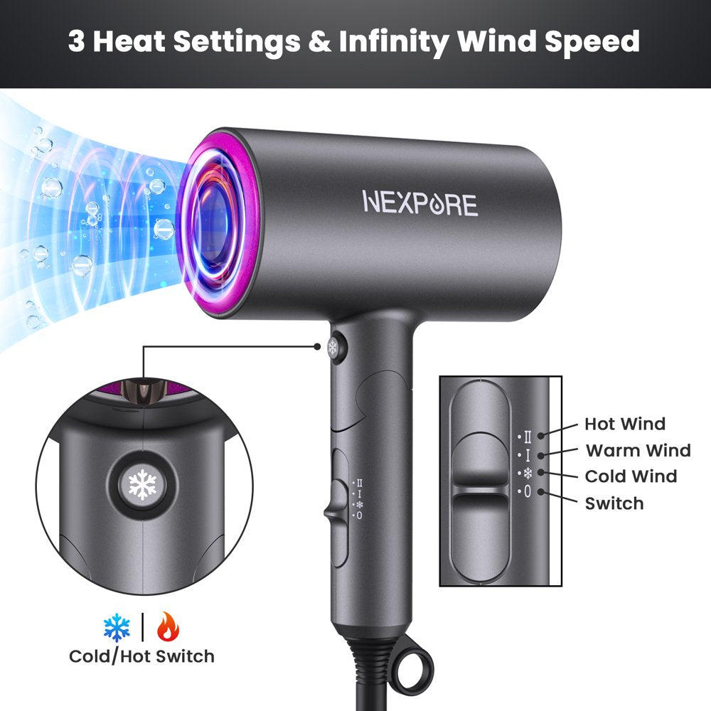 Hair Dryer, NEXPURE 1800W Professional Ionic Hairdryer for Hair Care, Powerful Hot/Cool Wind Blow Dryer, 3 Magnetic Attachments, ETL, UL and ALCI Safety Plug (Dark Grey)