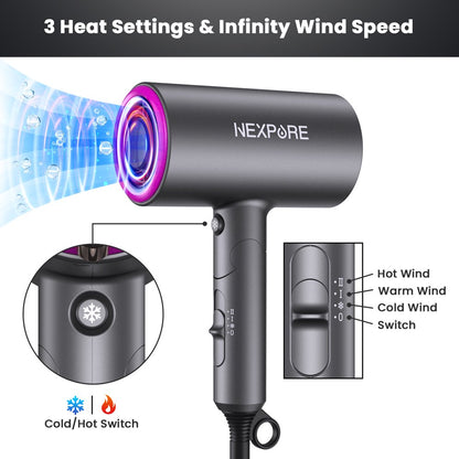 Hair Dryer, NEXPURE 1800W Professional Ionic Hairdryer for Hair Care, Powerful Hot/Cool Wind Blow Dryer, 3 Magnetic Attachments, ETL, UL and ALCI Safety Plug (Dark Grey)