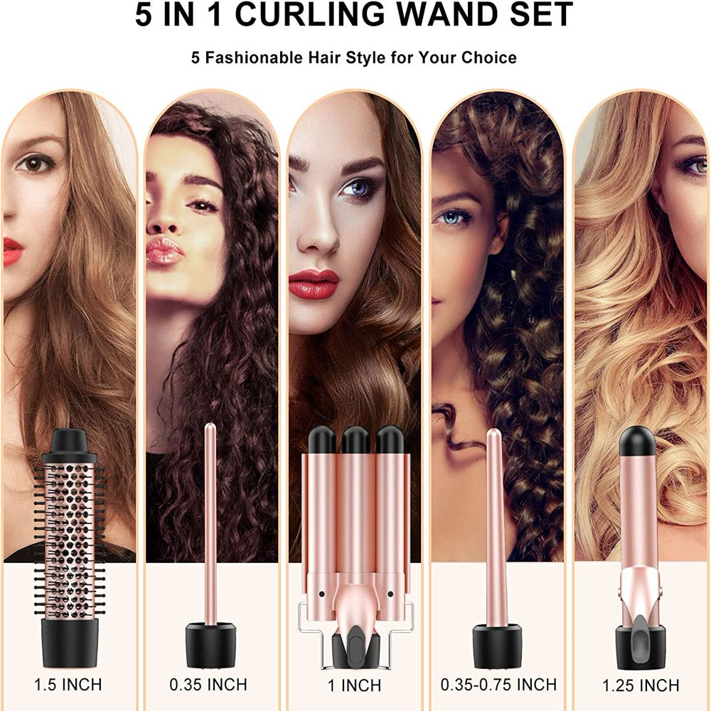 Curling Iron Set, MAXT 5 in 1 Curling Wand Set Interchangeable Triple Barrel Curling Iron and Curling Brush Ceramic Barrel Wand Curling Iron(0.35-1.25)