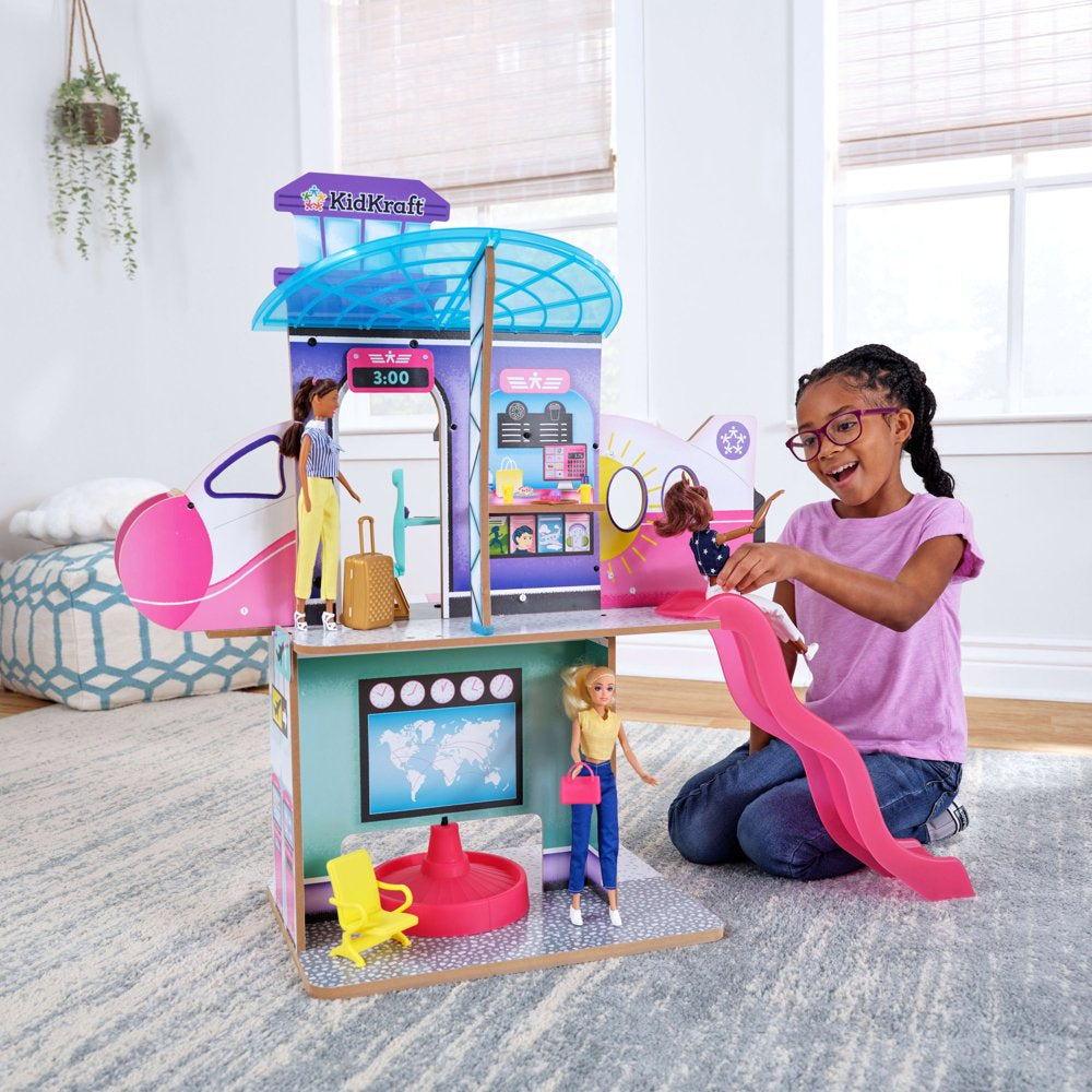 KidKraft Luxe Life 2-in-1 Wooden Airport and Jet Plane Doll Play Set with Over 15 Accessories