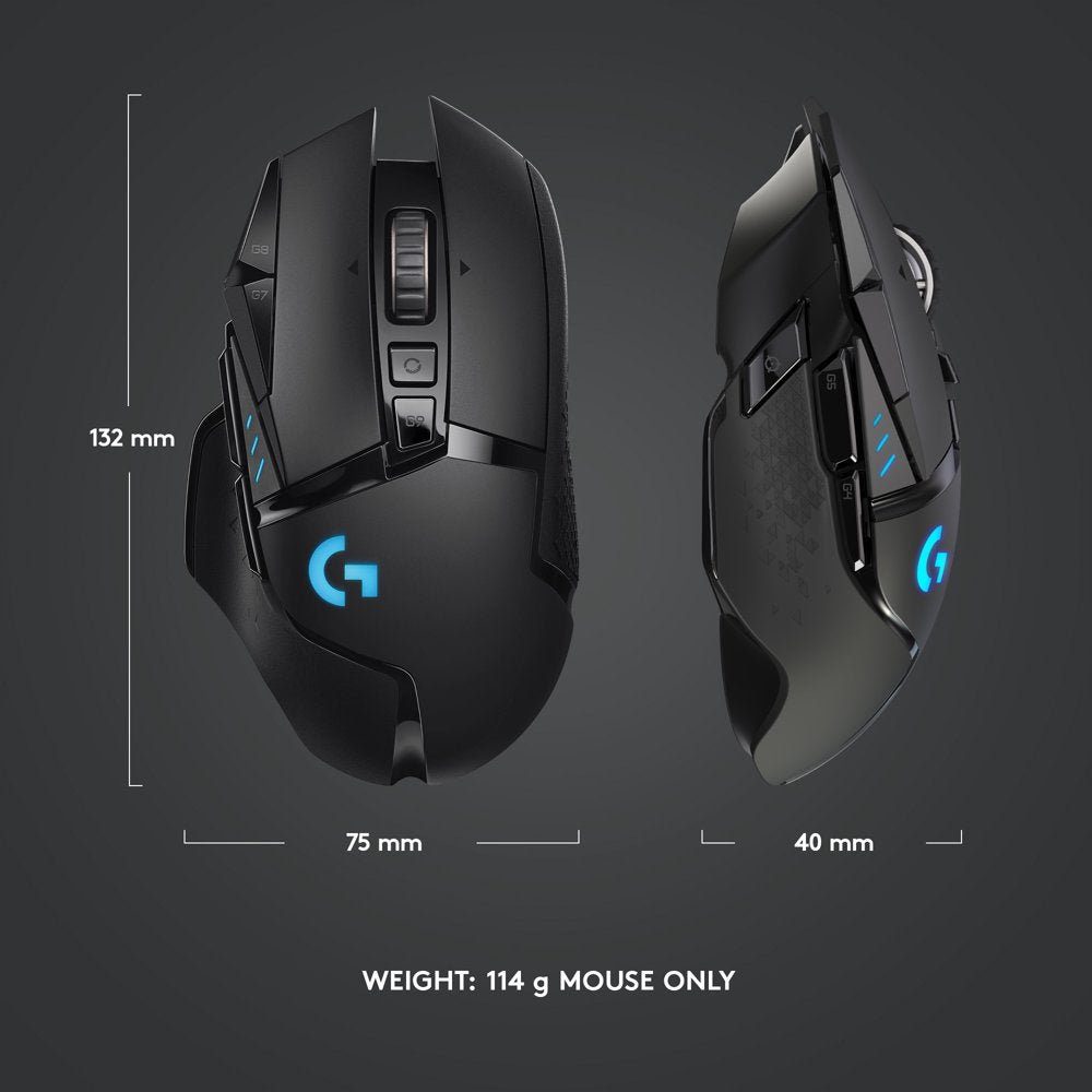 Logitech G502 LIGHTSPEED Wireless Gaming Mouse, HERO 25K Sensor, 25,600 DPI, RGB, Adjustable Weights, 11 Programmable Buttons, Long Battery Life, On-Board Memory, PC / Mac