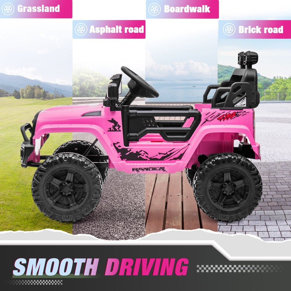 Clovercat 12V Ride On Toys Battery-Operated Jeep Car for Kids, Electric Powered Toy Truck, with Parent Remote Control, LED Lights, Bluetooth Music and Spring Suspension, Pink