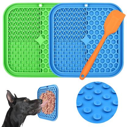 Lick Mat for Dogs, CIICII 3Pcs Slow Feeder Dog Bowls with Suction Cups（Green Dog Lick Mat + Blue Lick Mat for Cats + Orange Spatula） for Dog Treats & Cat Food (Anti-Slip, Food Grade Silicone)