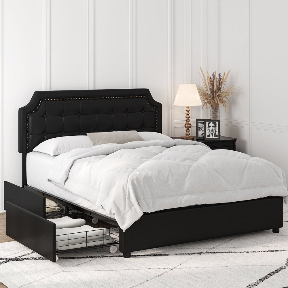 Homfa Full Storage Bed with 4 Drawers, PU Leather Platform Bed Frame with Adjustable Upholstered Headboard, Black