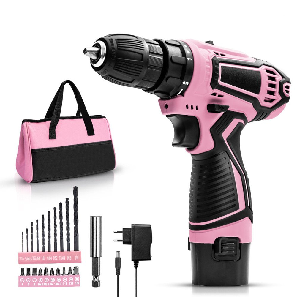 12V Pink Cordless Lithium-ion Drill Set and Pink Tool Set Kit,Home Tool Set Kit for DIY, Lady's Home Repairing Tool Kit with 12-Inch Wide Mouth Open Storage Tool Bag