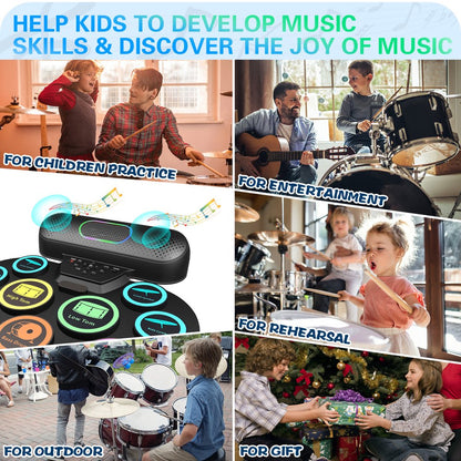 Dammyty Upgrade 9 Pads Kids Adults Electronic Drum Sets Kit with Headphone Jack and Dual Bluetooth Speaker Wireless Connection for Christmas Birthday Gift