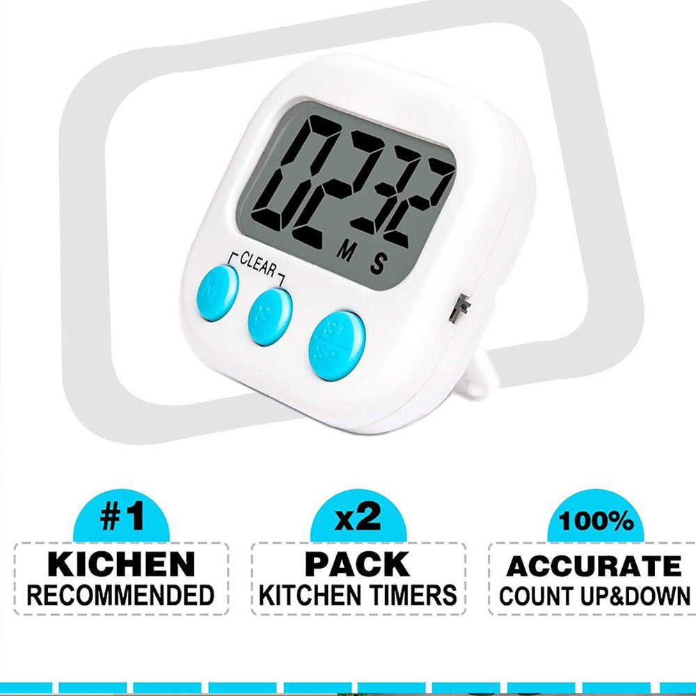 Kitchen Timer, [2 Pack] Digital Kitchen Timer Big Digits, Loud Alarm, Magnetic Backing, Stand, for Cooking Baking(White)