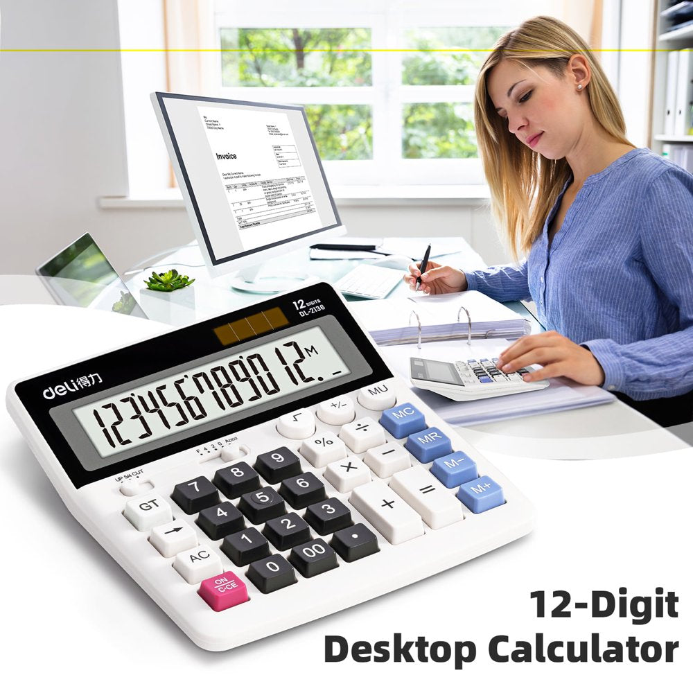 12-Digit Desktop Calculator, Dual Power, Extra Large LCD Display, White