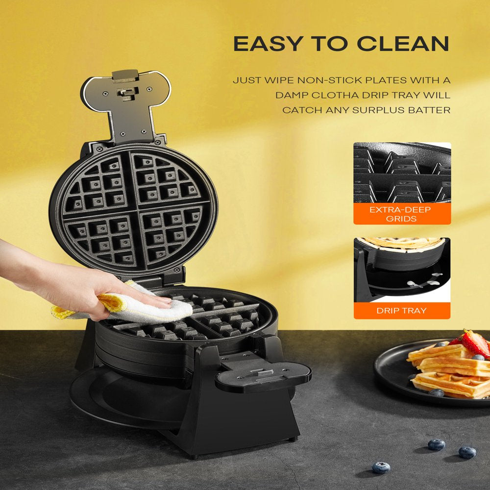 Double Belgian Waffle Maker 180° Flip, 1400W, Nonstick, Black, New, AICOOK