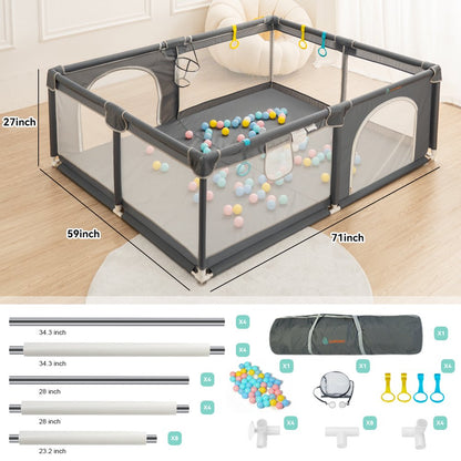 Baby Playpen, 59x71'' Large Baby Playard, Infant Activity Center with Anti-Slip Base, Gray