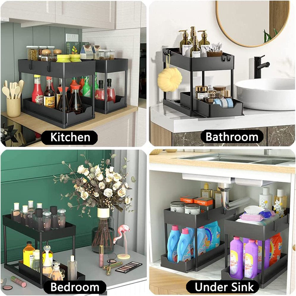 PHANCIR 2-Pack Under Sink Organizer, 2 Tier Multi-Purpose Large Capacity Kitchen Under Sink Organizers And Storage Easy Access Sliding Storage Drawer With Hooks And Hanging Cup For Bathroom Under Sink