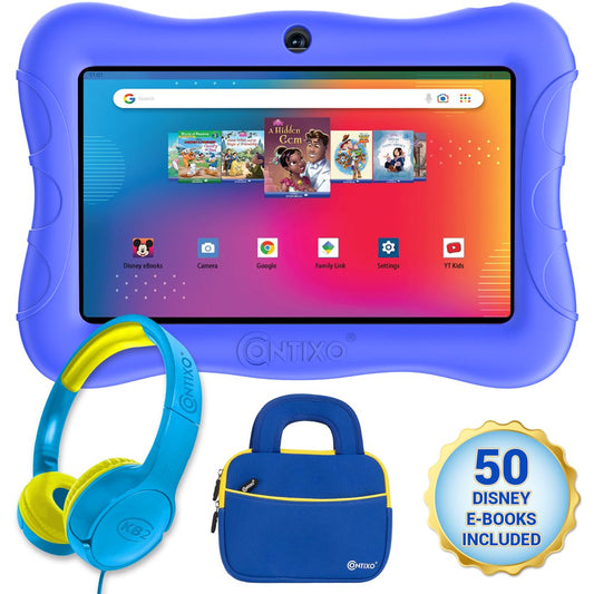 Contixo 7 inch Kids Learning Tablet Bundle - 2GB RAM 32GB Storage, Bluetooth, Android 10, Dual Cameras, Parental Control, Kids Headphone & Tablet Bag - Dark Blue, TC-V93-KB-TB1-DBL