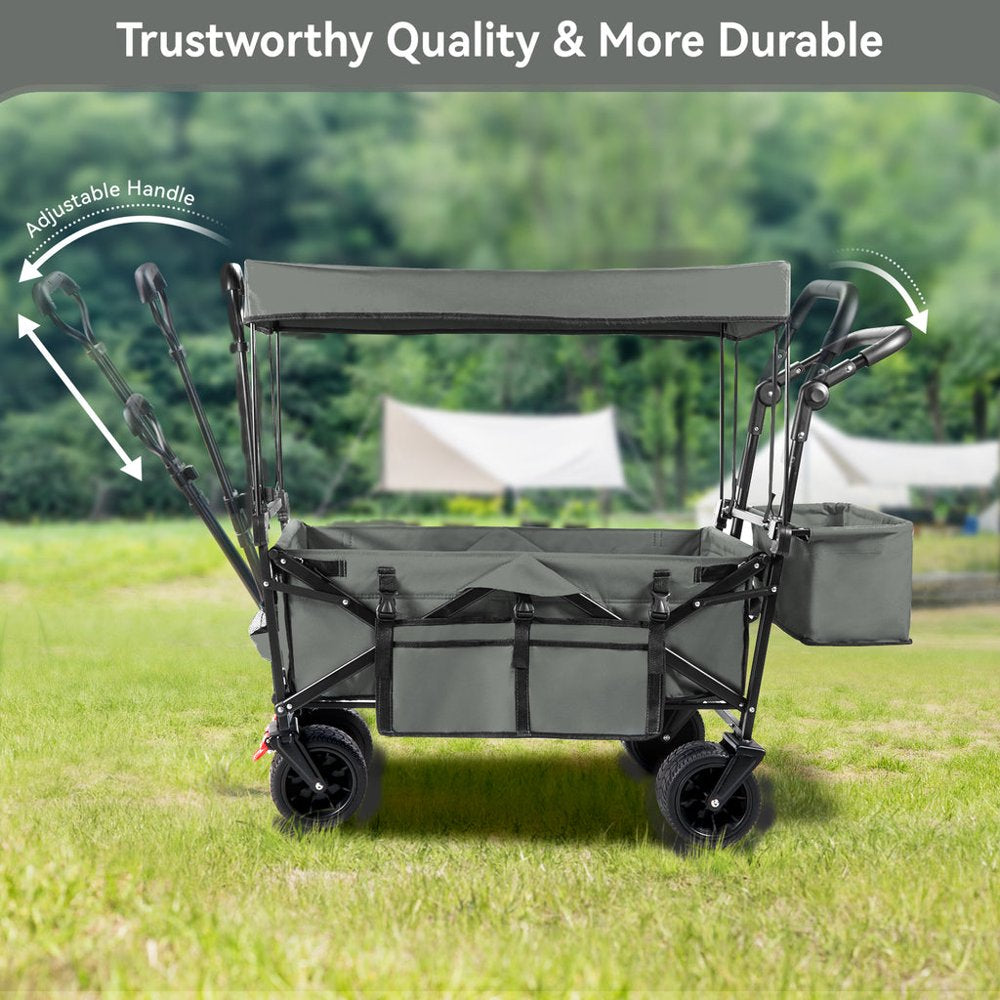 Collapsible Beach Wagon Cart with Removable Canopy, VECUKTY Foldable Wagon Utility Carts with Fat Wheels and Rear Storage, for Garden Camping Grocery Shopping Cart,Gray