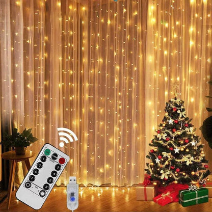 Window Curtain String Light, 300 Waterproof LED Twinkle Lights, 8 Modes Fairy Lights USB Remote Control Lights for Christmas Bedroom Party Wedding Home Garden Wall Decorations(9.9x9.9 Ft)