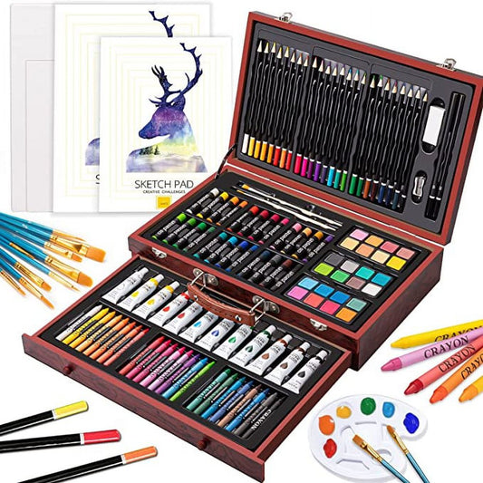  129 Piece Art Kit for Beginners, Teens, Adults in Painting, Coloring, Sketching, Great Art Set in Portable Wooden Case with Crayons, Colored Pencils, Oil Pastels, Watercolor Pens (GIFT)