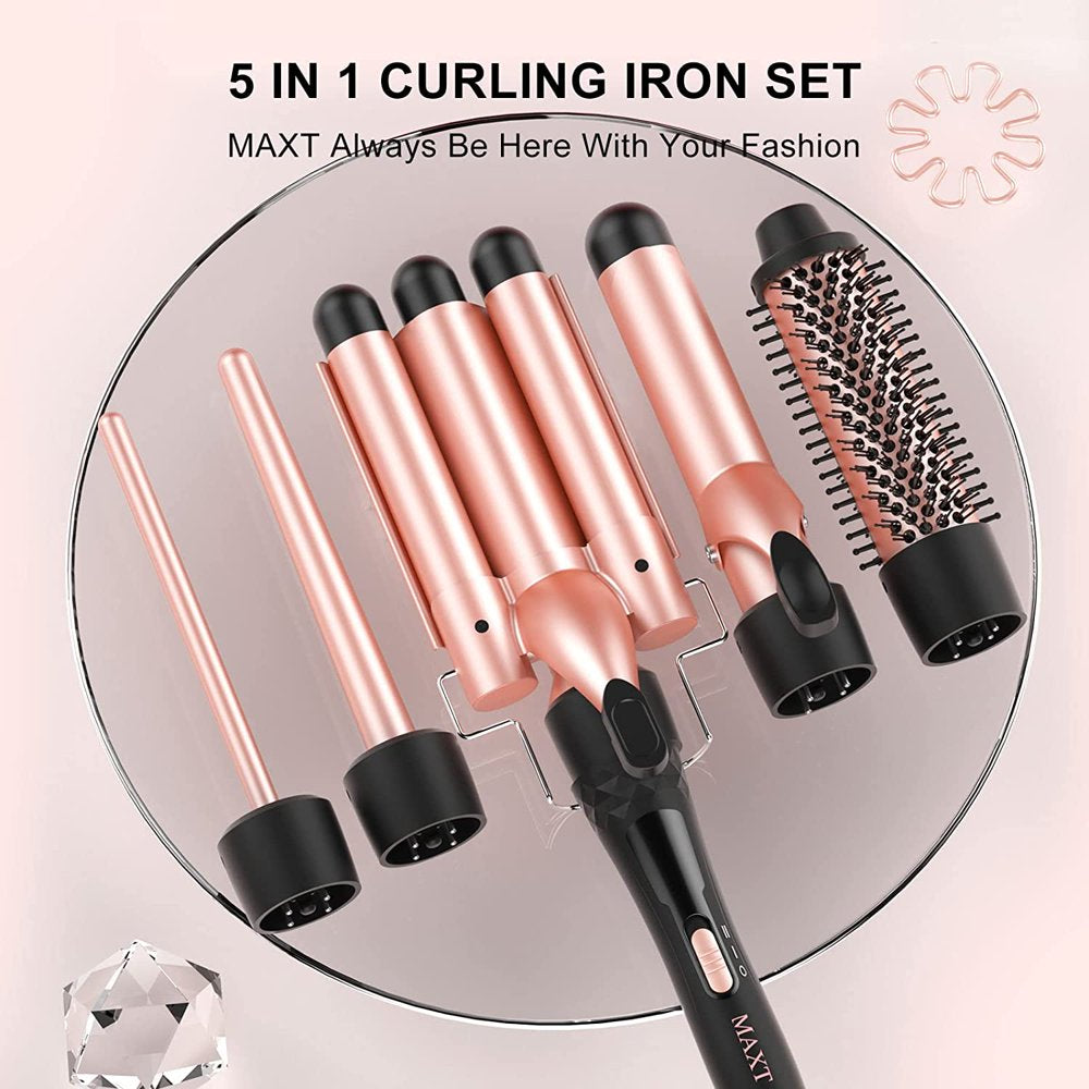 Curling Iron Set, MAXT 5 in 1 Curling Wand Set Interchangeable Triple Barrel Curling Iron and Curling Brush Ceramic Barrel Wand Curling Iron(0.35-1.25)