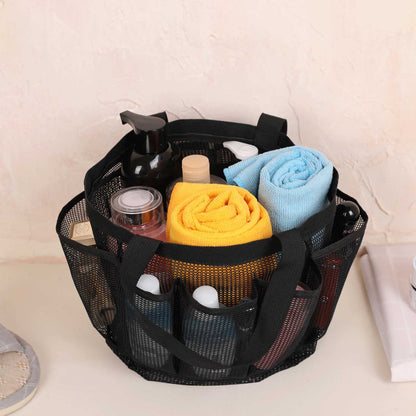 Siaomo Natural Mesh Shower Caddy Portable Shower Tote Bag for College Dorm Essentials, Bathroom, Gym, Camp, Travel, Hanging Shower Caddy Basket, Quick Dry Toiletry Bag (8-Pockets | Black)