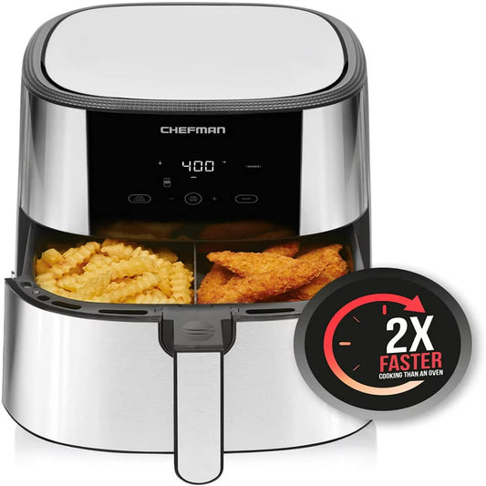 Chefman Turbo Fry Stainless Steel Air Fryer with Basket Divider, 8 Quart