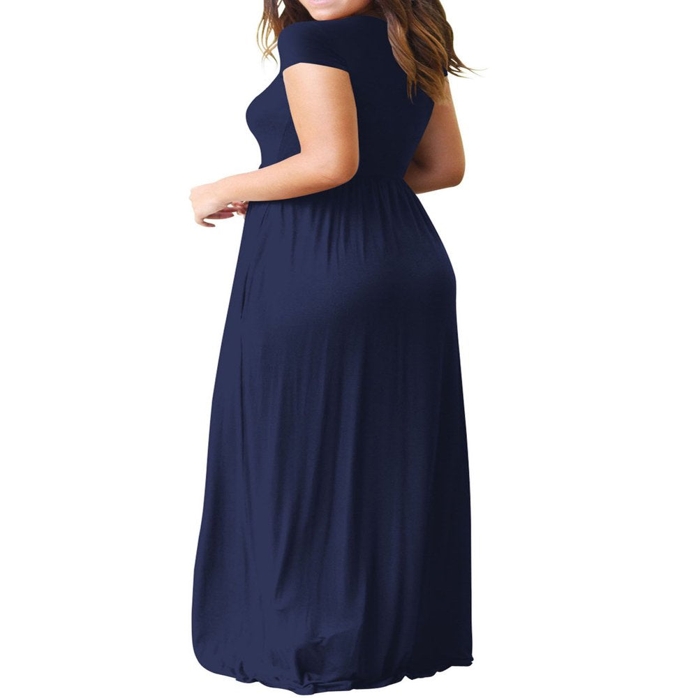 Mengpipi Women's Maxi Dresses Short Sleeve Long Casual Dresses Loose Plain with Pockets, Navy Blue-L(US 12-14)