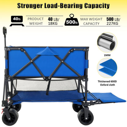 Folding Double Decker Garden Wagon, VECUKTY Heavy Duty Collapsible Wagon Cart with 54" Lower Decker, All-Terrain Big Wheels for Camping, Sports, Shopping, Garden and Beach, Support Up to 500lbs, Blue