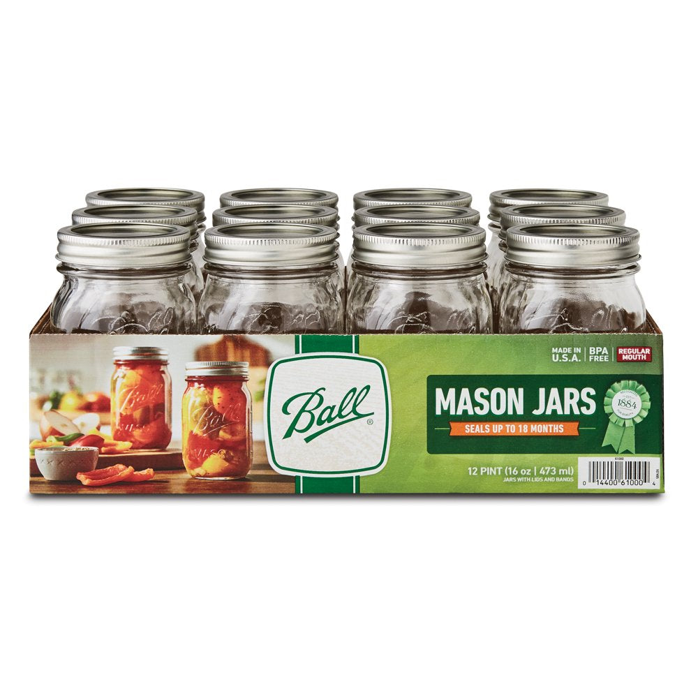 Ball Regular Mouth 16oz Pint Mason Jars with Lids & Bands, 12 Count