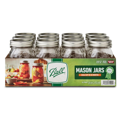 Ball Regular Mouth 16oz Pint Mason Jars with Lids & Bands, 12 Count