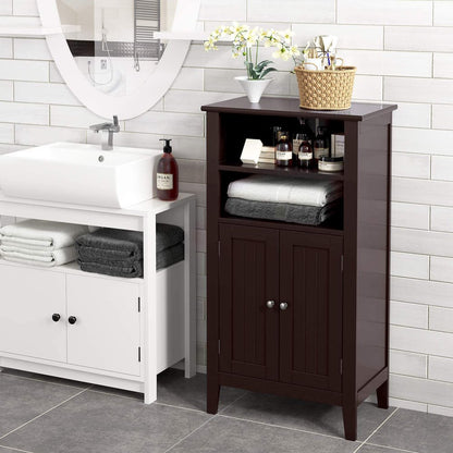 2 Tier Shelves Bathroom Storage Cabinet, Wood Storage Floor Cabinet with 2 Doors, White