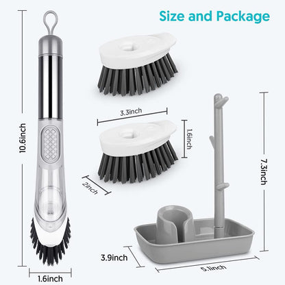 SUGARDAY Soap Dispensing Dish Brush Set Kitchen Scrub Brush with Stand 3 Brush Replacement Heads