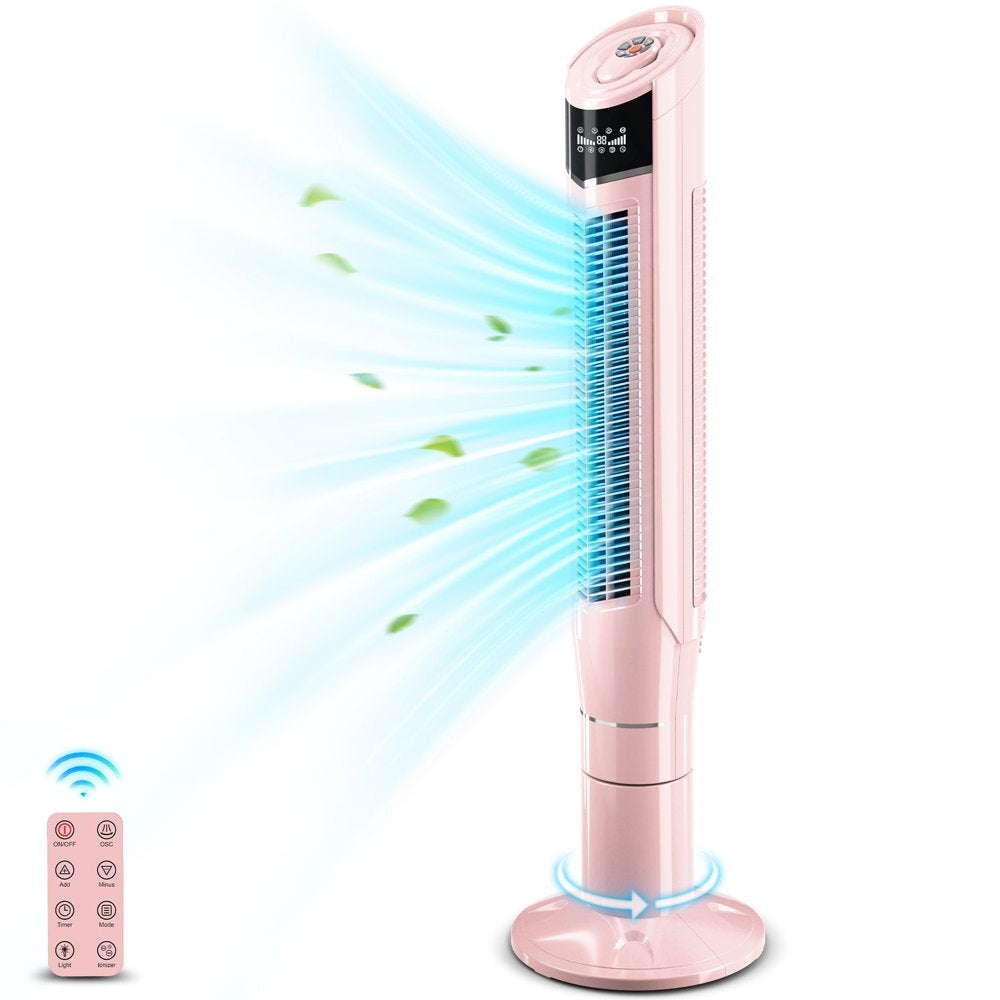 Auseo Tower Fan Oscillating Fan Quiet Cooling Remote Control Powerful Standing 3 Wind Modes Bladeless Floor Fans Portable Bladeless Height Adjust, 8 Wind Speed Bedroom Office 47-inch Pink