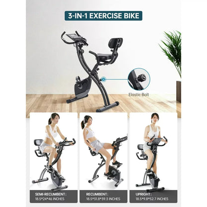 3-in-1 Exercise Bike Quiet Folding Magnetic Stationary Exercise Bike Upright Exercise Bikes with Arm Resistance Bands Home Use