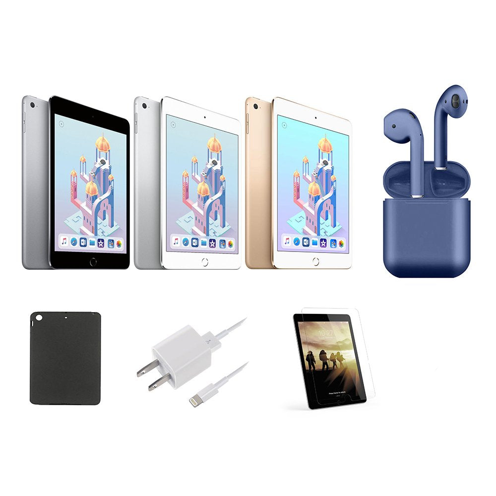 Restored Apple iPad Mini 4 7.9-inch Retina 32GB Wi-Fi Only Bundle: Pre-Installed Tempered Glass, Case, Rapid Charger, Bluetooth/Wireless Airbuds By Certified 2 Day Express (Refurbished)