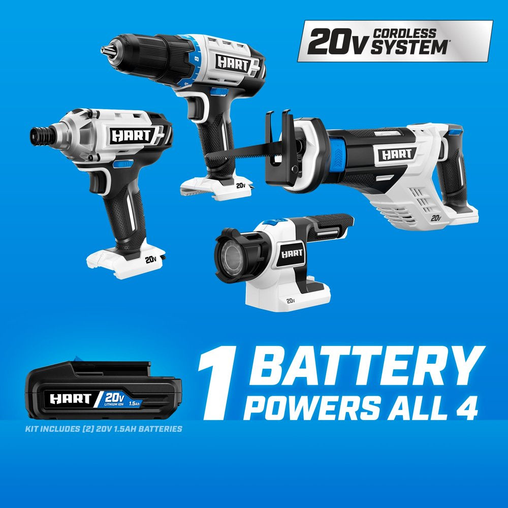 HART 20-Volt 4-Tool Battery-Powered Combo Kit, (2) 1.5Ah Lithium-Ion Batteries