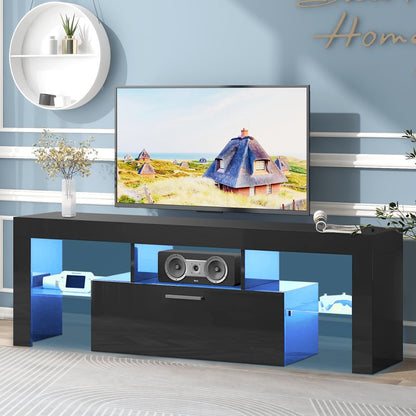 Uhomepro TV Stand for Tvs up to 70", Living Room Entertainment Center with RGB LED Lights and Storage Shelves Furniture, White High Gloss TV Cabinet Console Table