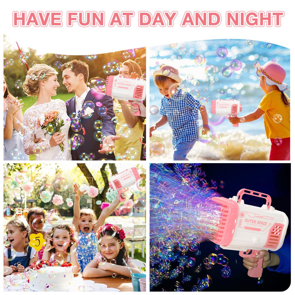 Bubble Machine,80 Holes Bubble Blowing Toys with Replaceable Nozzles,2 Bubble Solution and Colorful Lights,Bubble Toys Outdoor Birthday Wedding Party(Pink & White)